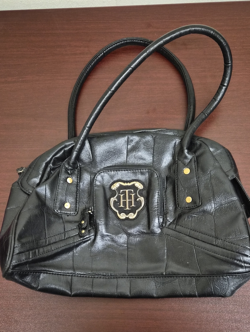 Tommy Hilfiger Black Shoulder Tote with Gold Crest Logo
